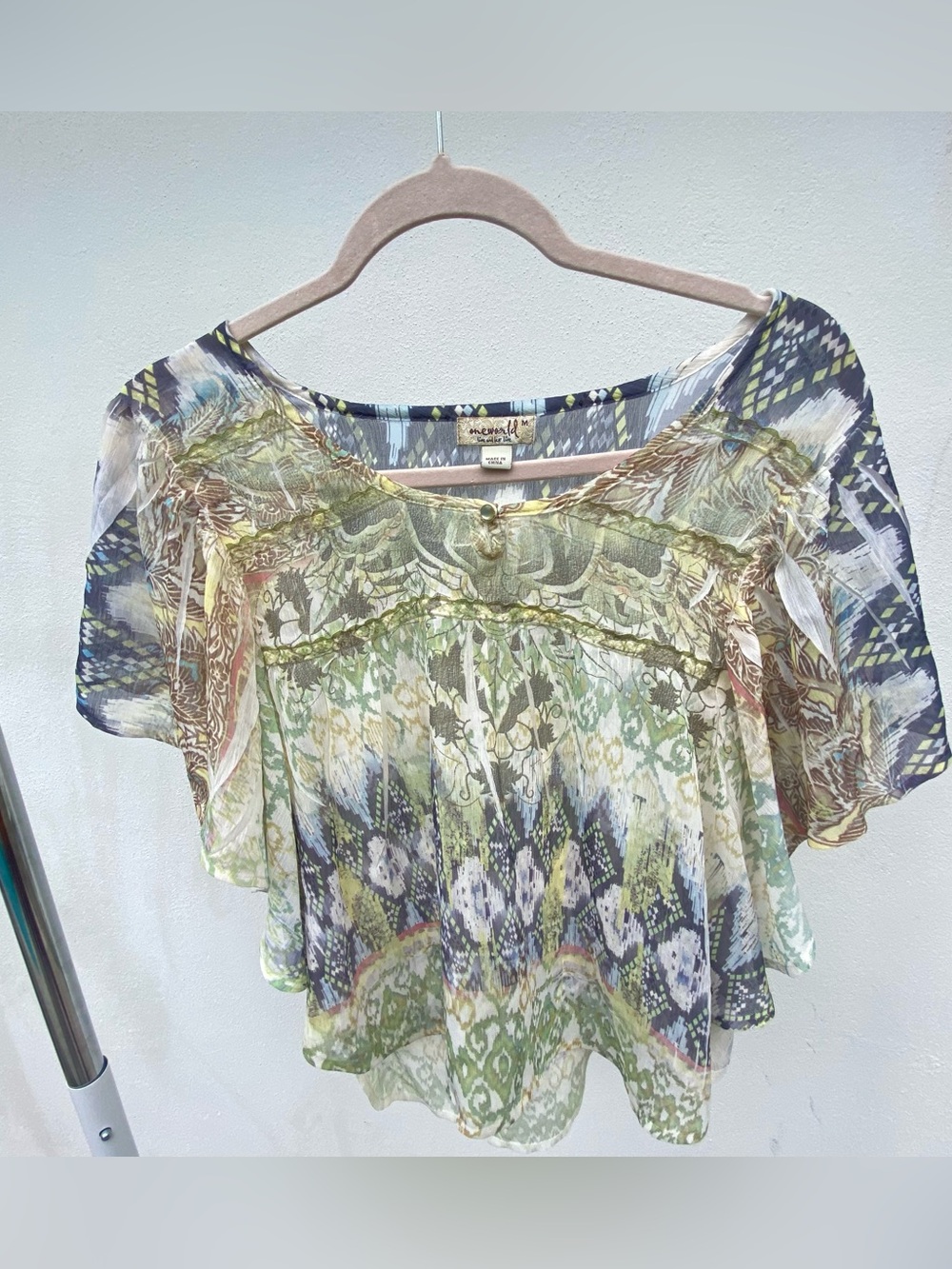 Y2K Fairy Blue Green Floral Chiffon Blouse Size Medium